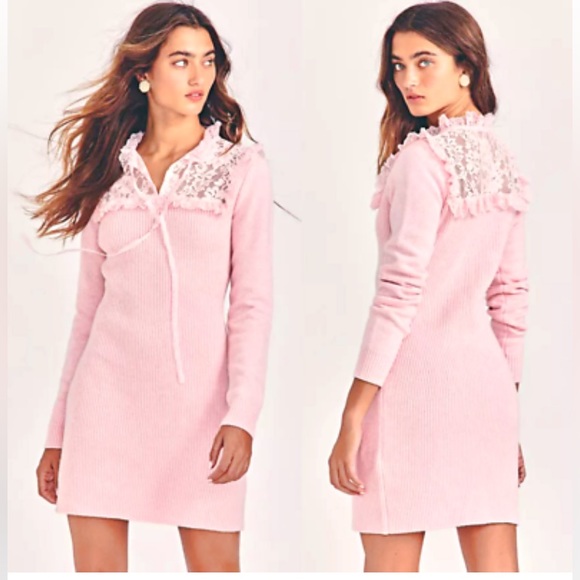 LoveShackFancy Bellini wool blend knit ribbed Pink long sleeve mini Dress Sz.XS. - Picture 5 of 16